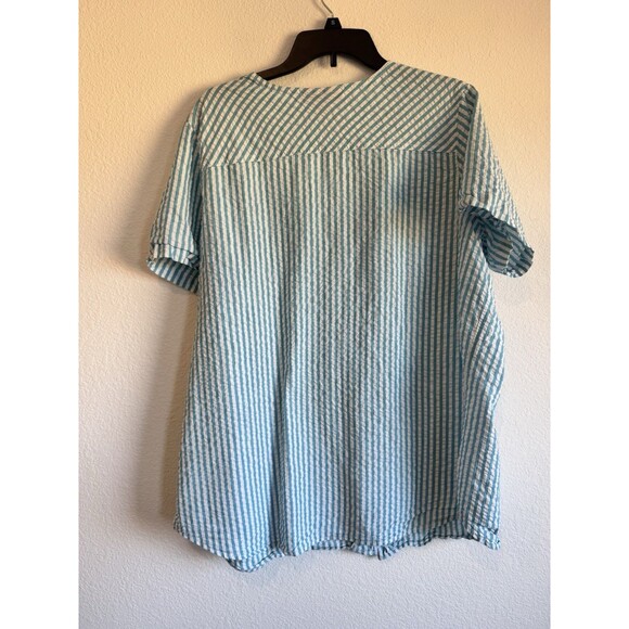 Woman Within Blue Striped Textured V Neck Short Sleeve Button Down Blouse 1X - Picture 2 of 9